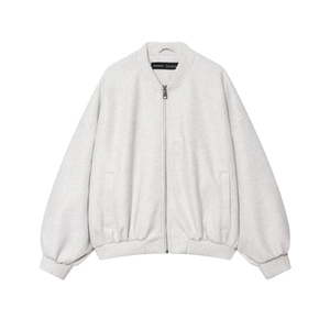 Close-up of oatmeal wool blend bomber jacket with metal zipper and ribbed stand collar