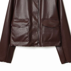 Women's dark brown faux leather jacket with large flap pockets and hidden placket design