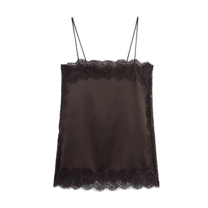 Elegant chocolate satin camisole with black lace trim and delicate spaghetti straps
