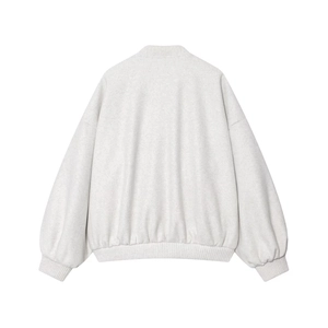 Back view of a soft light grey oversized bomber jacket with ribbed cuffs and hem detail