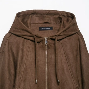 Women's dark brown faux suede hooded bomber jacket with adjustable drawstring hood and zipper