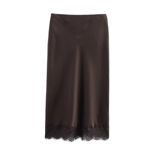 Elegant deep brown satin midi skirt with delicate black lace hem on white background