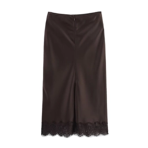 Elegant dark brown satin midi dress with delicate black floral lace hem detailing