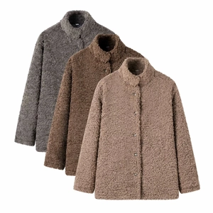 Close-up of fleece jackets in dark grey, coffee, and khaki with button collars