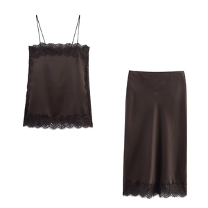 Chocolate satin two-piece set with camisole top and midi skirt featuring lace trim
