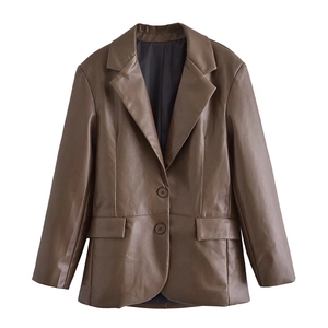 Women Faux Leather Blazer Vintage Chic PU Jacket Notch Lapel Single Breasted Flap Pocket Outerwear Solid Brown Coat Office