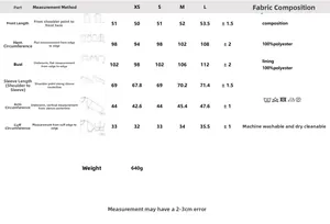 Size guide for short leather coat with detailed measurements from XS to L in centimeters