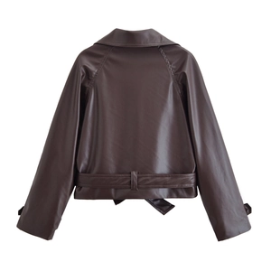 Back view of a dark brown faux leather short trench jacket with waist belt and lapel