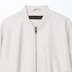 Light gray soft loose bomber jacket with ribbed collar and silver zipper detail