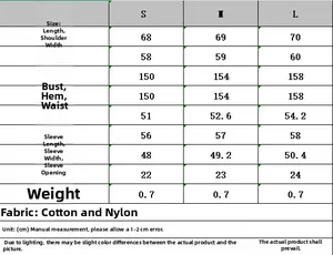 Size chart for bomber jacket with measurements in cm for sizes S, M, and L