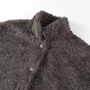 Close-up of charcoal gray plush jacket collar with stand-up neck and button detail