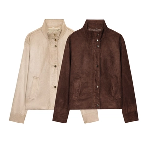 Veste en Suédine pour Femme Couleur Unie Col Montant Manches Longues Manteau Décontracté Beige Café