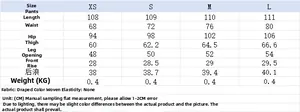 Detailed size chart for women's vest and pants set showing measurements from XS to L