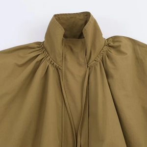 Chic khaki pilot jacket with stand collar, pleated shoulder details and drawstring neck