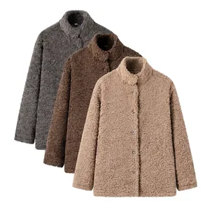 Women Fashion Stand Collar Sherpa Fleece Jacket Solid Color Single Breasted Warm Long Sleeve Loose Granular Velvet Coat
