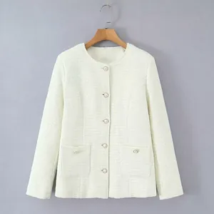 Women Casual Elegant Tweed Padded Jacket Round Neck Artificial Pearl Buttons Long Sleeve Cotton Coat Winter Puffer Outerwear White