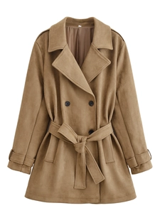 Close-up of khaki faux suede trench coat featuring double-breasted buttons and waist tie