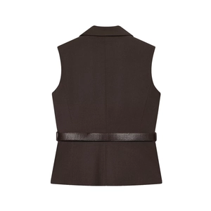 Rear view of dark brown sleeveless vest featuring a textured fabric and embossed waist belt