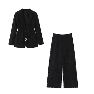 Women's Hollow Out Lace Blazer And Pants Elegant Long Sleeve Jacket With Belt And Wide Leg Trousers Two Outfits