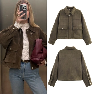 Women Fashion Faux Suede Jacket Vintage Loose Fit Turn-down Collar Utility Short Coat With Pockets Metal Buttons Outerwear