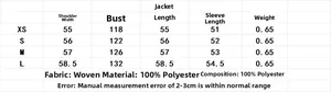 Size chart table for long sleeve velvet jacket showing measurements for sizes XS to L