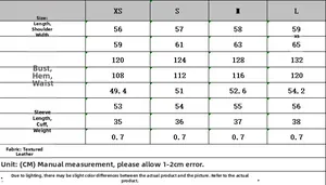 Size chart detail for the long sleeve PU leather jacket with comprehensive measurements
