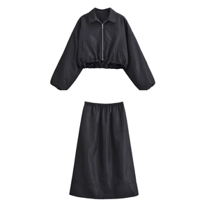 Damen Casual Kurz Jacke Mit Reißverschluss Und Midi A-Linien Rock Outfits Einfarbig Langarm Oberbekleidung Mode Streetwear