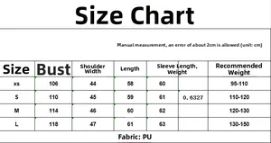 Size chart for long sleeve PU jacket in centimeters with detailed measurements XS to L