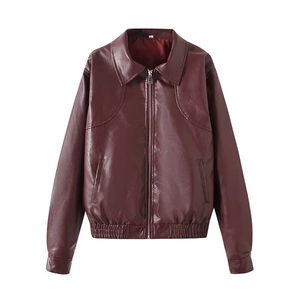 Women's Burgundy PU Leather Jacket Lapel Zipper Long Sleeve Baseball Style Outerwear With Elastic Hem Streetwear