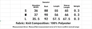 Size chart showing S, M, L measurements for the long sleeve knit cardigan sweater jacket
