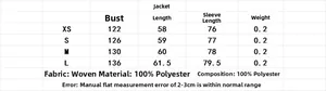 Detailed size chart for women's bomber jacket and pants set with polyester fabric specs