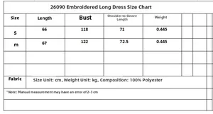 Size chart for oversized embroidered shirt with detailed length and bust measurements