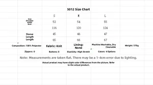 Detailed size chart for women's loose knit cardigan with measurements in S, M, and L sizes