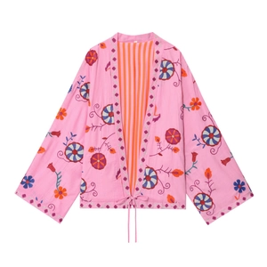 Women Vintage Ethnic Floral Embroidery Cardigan Blouse Pink V Neck Tie Front Long Sleeve Loose Jacket Boho Streetwear Top