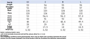 Detailed size chart for retro corduroy jacket with measurements in centimeters and inches