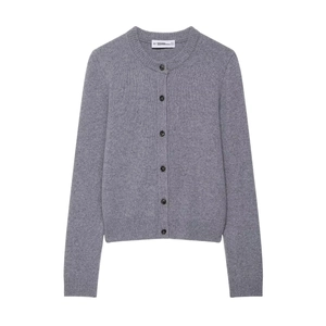 Detailed view of gray knit cardigan featuring a round neck and contrast black buttons