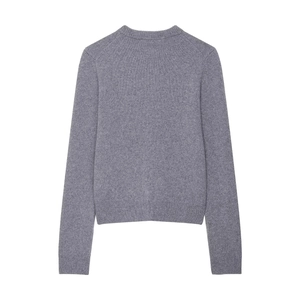 Macro detail of the gray knit sweater back view showing soft ribbed texture and fibers