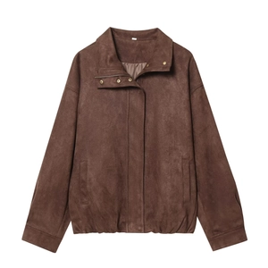 Women Vintage Suede Jacket Long Sleeve Stand Collar Zipper Casual American Style Outerwear