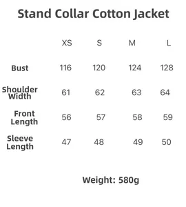 Size chart for women's padded jacket showing chest, shoulder, and length measurements in cm