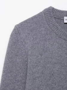 Detailed macro view of gray knitted sweater neckline showing soft texture and stitching