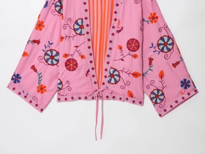 Close-up of pink embroidered cardigan with floral patterns and striped lining detail