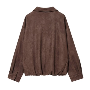 Rear view of deep brown suede jacket with turn-down collar and elasticated waist hemline