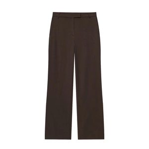 Detailed flat lay of dark brown high-waisted wide-leg trousers with belt loops and clean seams