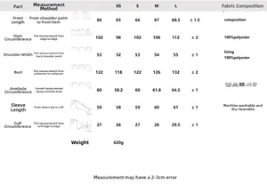 Detailed size chart for women's PU jacket featuring measurements for XS to L sizes
