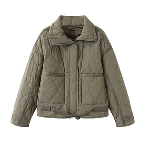 Close-up of olive green wave-quilted jacket featuring large utility pockets and snap collar
