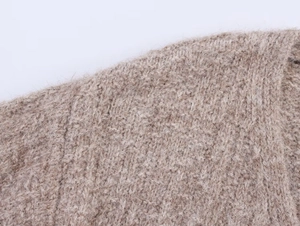 Close-up of oatmeal knit cardigan showing textured chunky weave and premium soft fibers