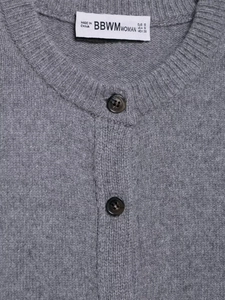 Detailed view of the ribbed round neck and dark brown buttons on grey knit cardigan