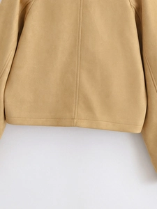 Detailed view of the double stitching on khaki faux suede short trench coat back