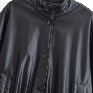 Fashionable women black faux leather stand collar jacket with snap buttons and pockets
