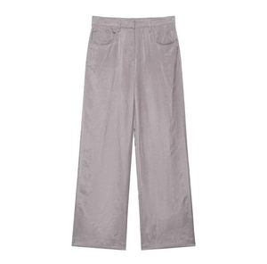 Detail view of mauve high-waisted wide-leg trousers with brushed fabric texture